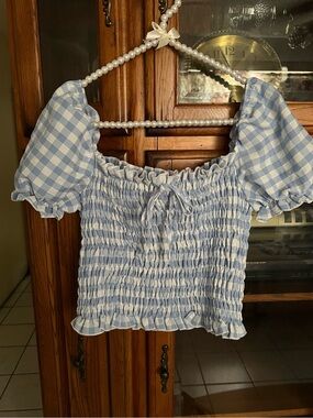 Smocked Gingham Puff Sleeve Blouse - Light Blue/White